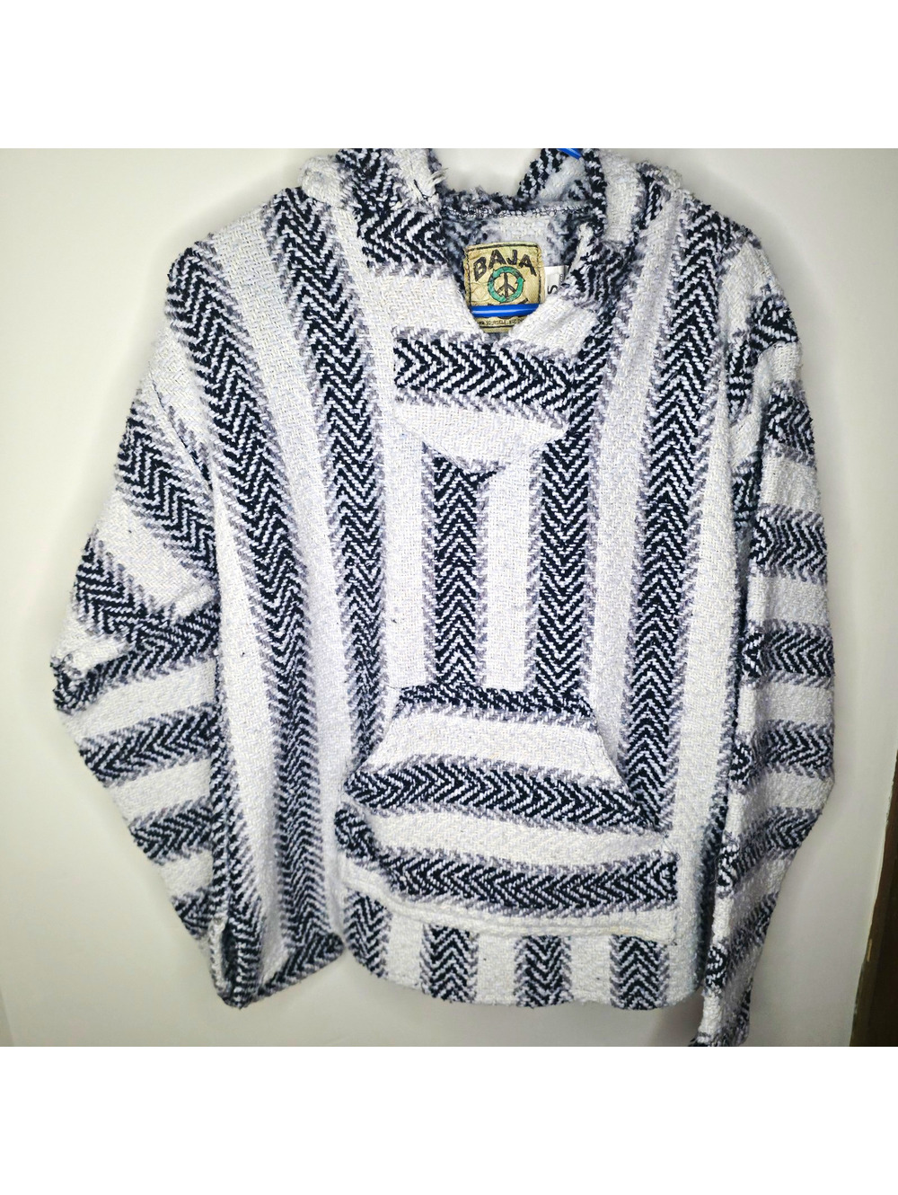 Baja Joe Mexican Drug Rug Hoodie Small Black White Woven Pullover Made Mexico